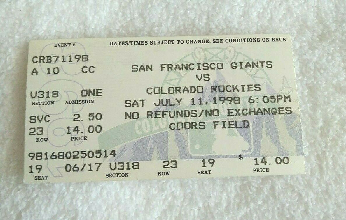 Colorado Rockies vs. San Francisco Giants Ticket Stub Coors Field July 11, 1998