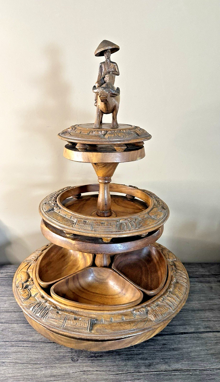 Gorgeous Three Tier Hand Carved Lazy Susan W/ Man on Ox - Monkey Pod Wood