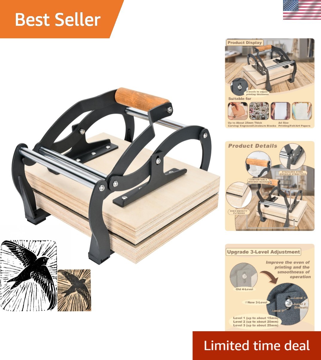 Linocut Printing Hand Lever Press Machine A4 Up to 25mm Thick Blocks Wooden H...