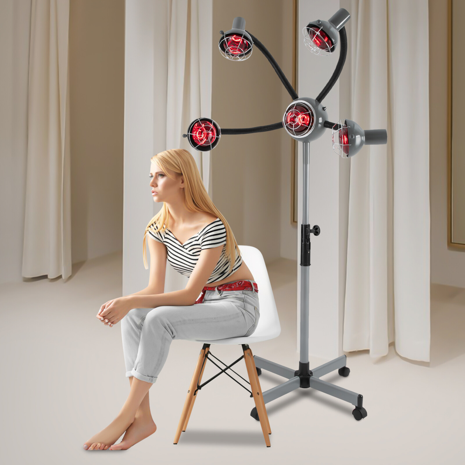 750W 5 Head Salon Infrared Heat Lamp, Adjusting Height Styling Perming Dryer