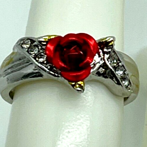 Ring. Silver Tone with Red Rose accented w/clear crystal. size 8
