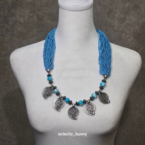 NOS Tibetan-Style Blue Beaded Statement Necklace Silver-Tone Medallions • Boho