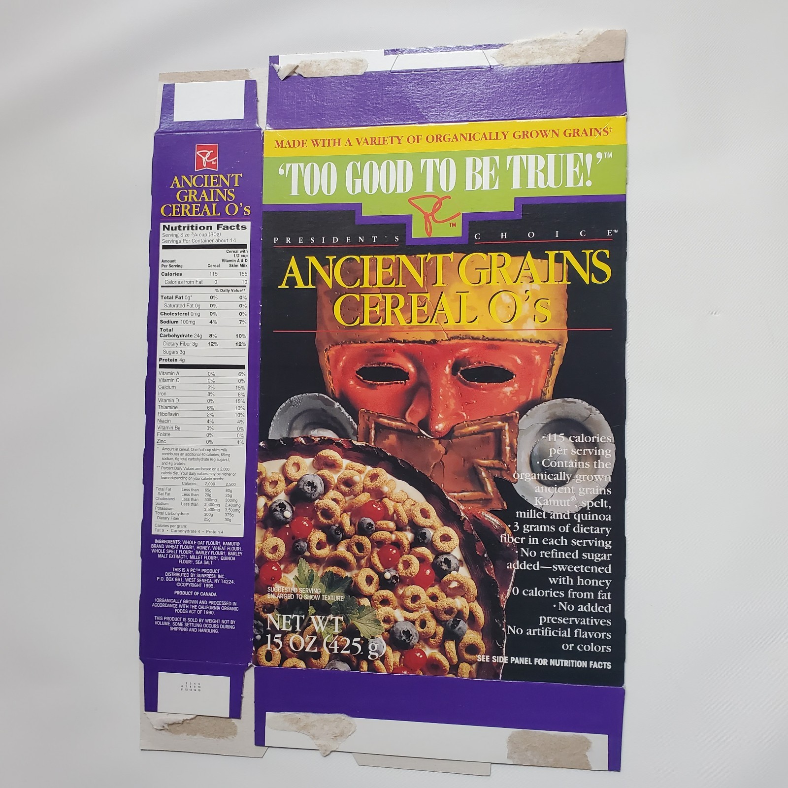 VTG Ancient Grains Cereal O's Box Breakfast 1995 PC Sunfresh Presidents Choice 