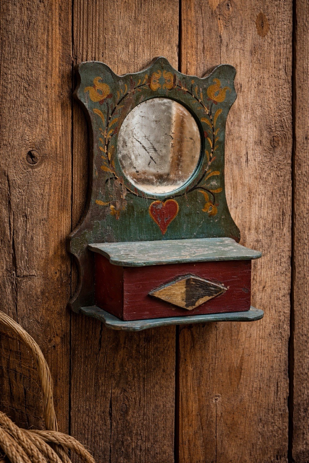 Antique Folk Art Wall Mirror Shelf w Drawer Pennsylvania Dutch Primitive Paint