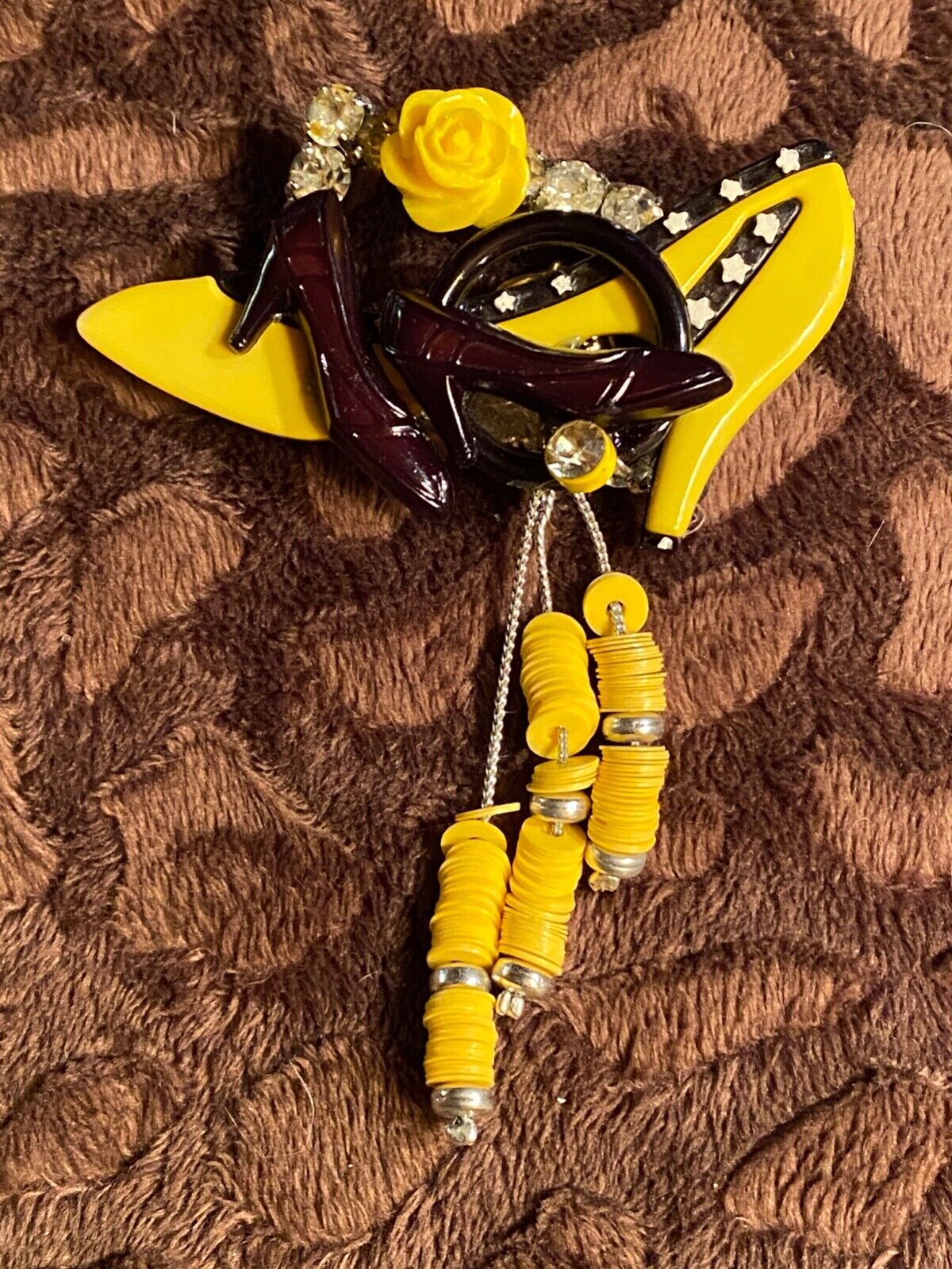 Silver Tone Rhinestone Plastic Lucite Shoe Rose Dangle Artisan Pin Brooch 4"