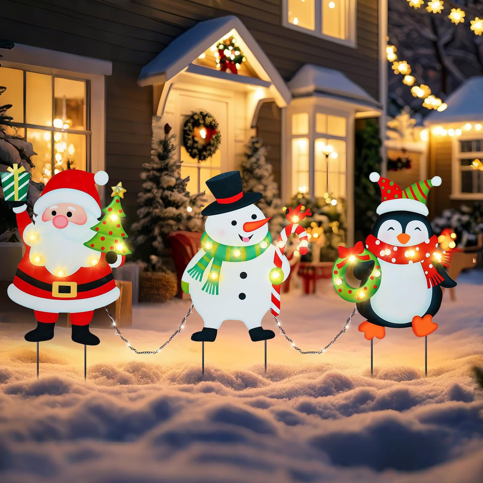 Christmas Yard Stakes, 3 PCS Light Xmas Yard Signs with Santa Claus, Snowman,...