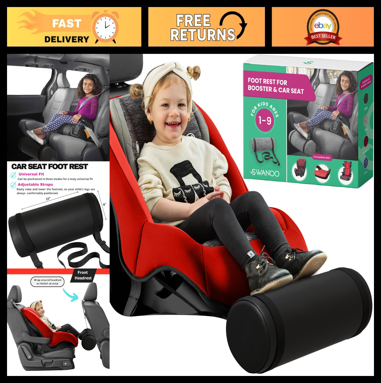 Adjustable Car Foot Rest with Extra Long Straps - Black Leather Leg Rest for Kid