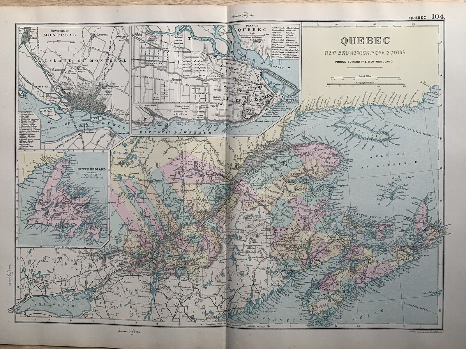 1891 Quebec Hand Coloured Original Antique Map by G.W. Bacon