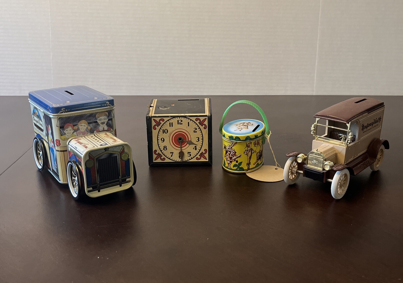 Lot 4 Vintage Metal Coin Bank Cherrydale Farms Car Montgomery Ward Clock Basket