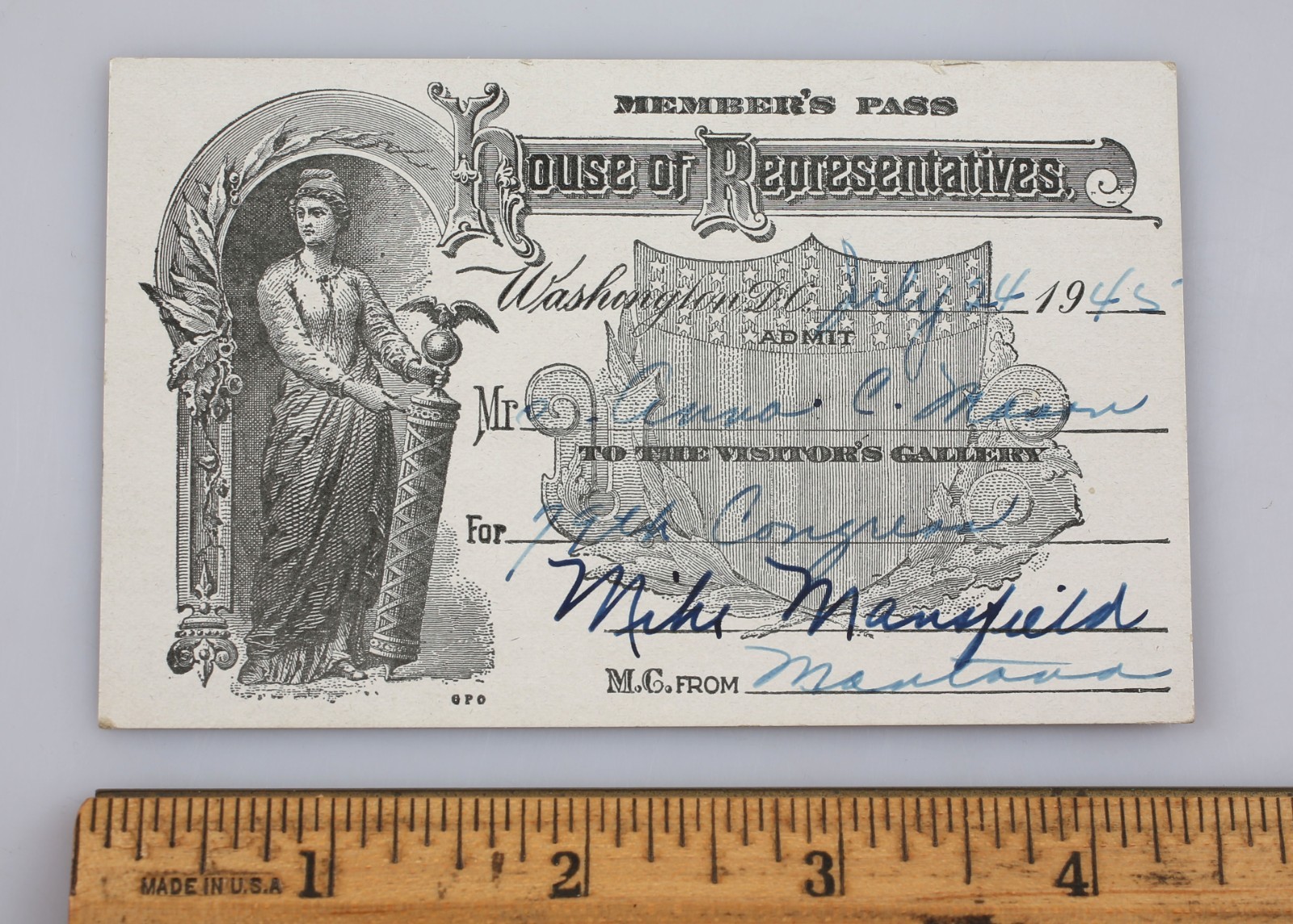 1945 US House of Representatives Pass Senator Majority Leader Mike Mansfield