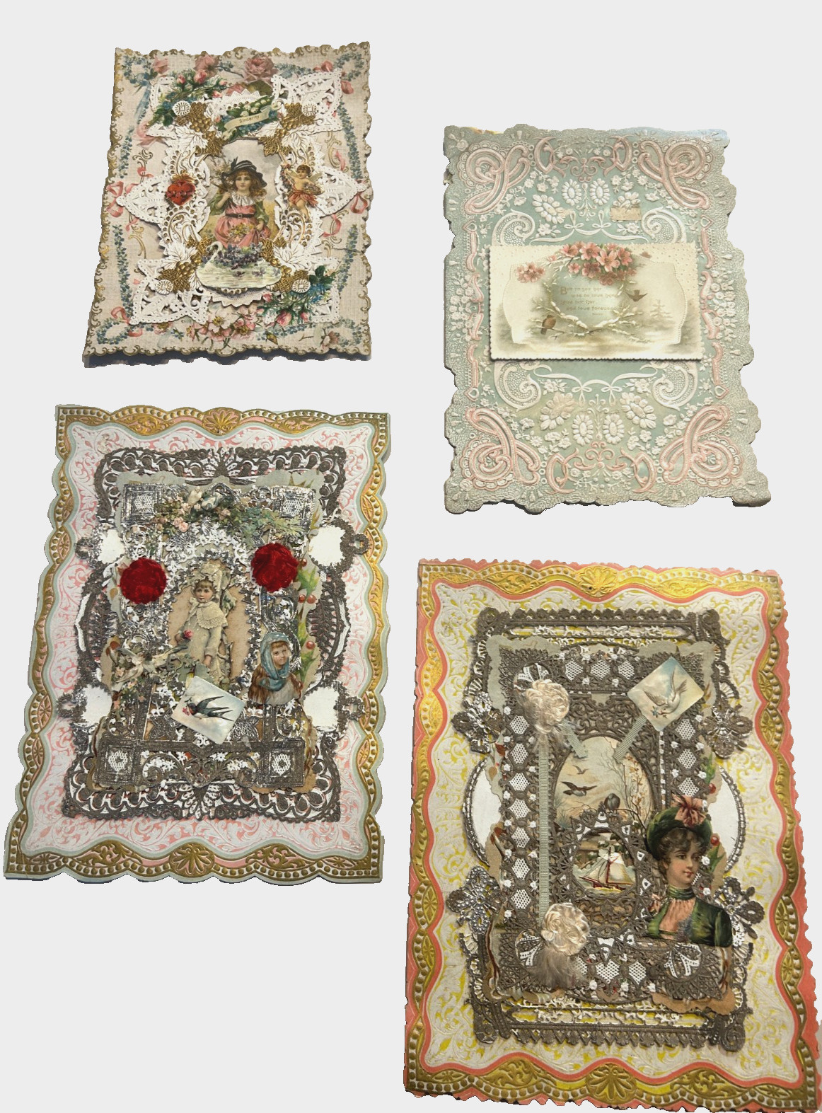 Antique Valentine Card  lot of 4 paper lace Embossed die cut Heart, c.1900 large