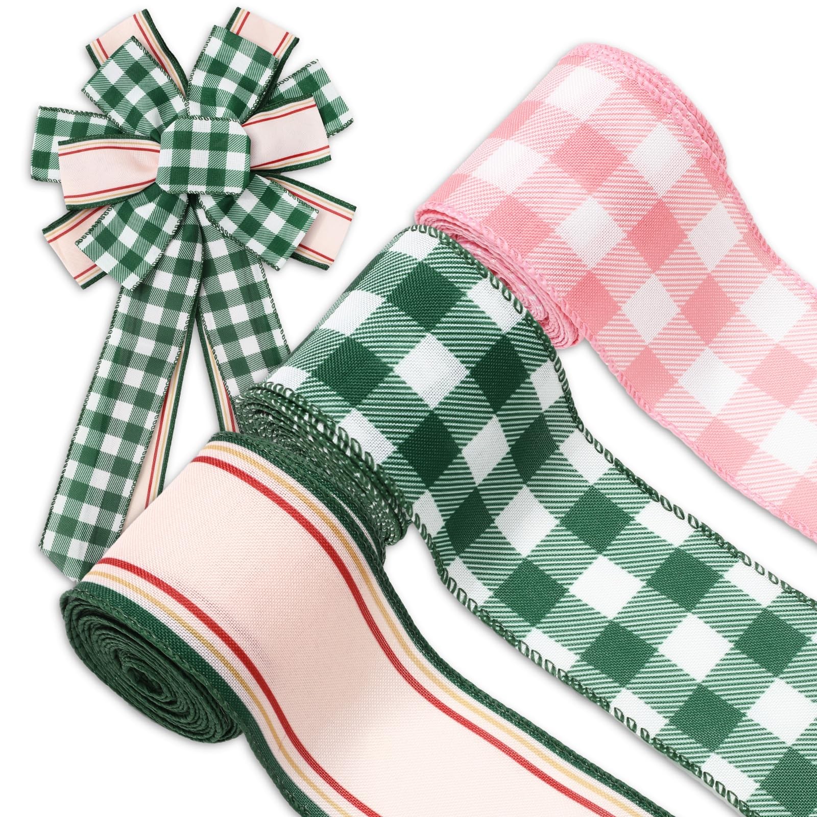 Pink Green Plaid Gingham Wired Edge Fabric Wrapping Ribbon 2.5 In x 18 Yard