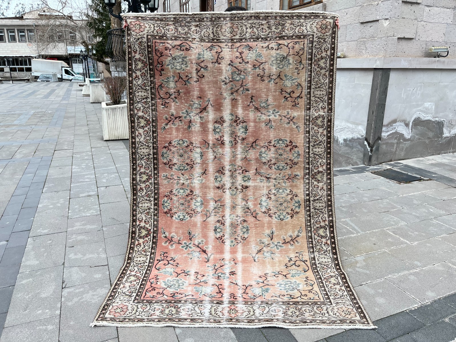 5.3x8.6 Ft Vintage Turkish Rug Distressed Floral Oushak Style Wool 5x9