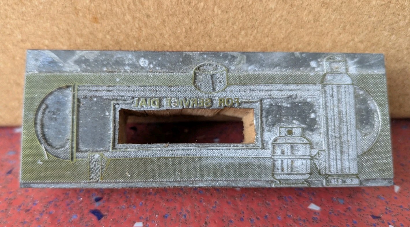 Vintage Printer Printing Block Metal Plate Wood For Service Dial Propane Tanks