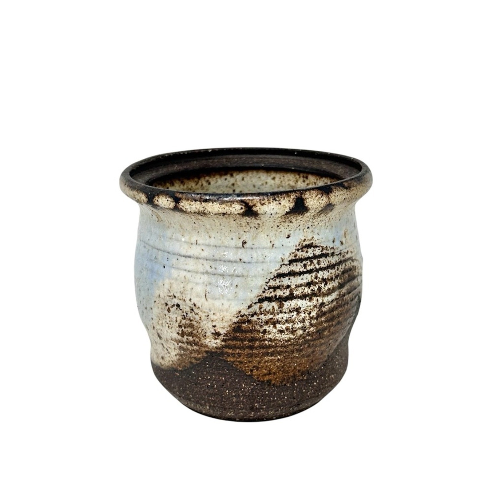 Vintage Studio Art Pottery Cup Speckled Cream Brown Mid Century Signed No handle