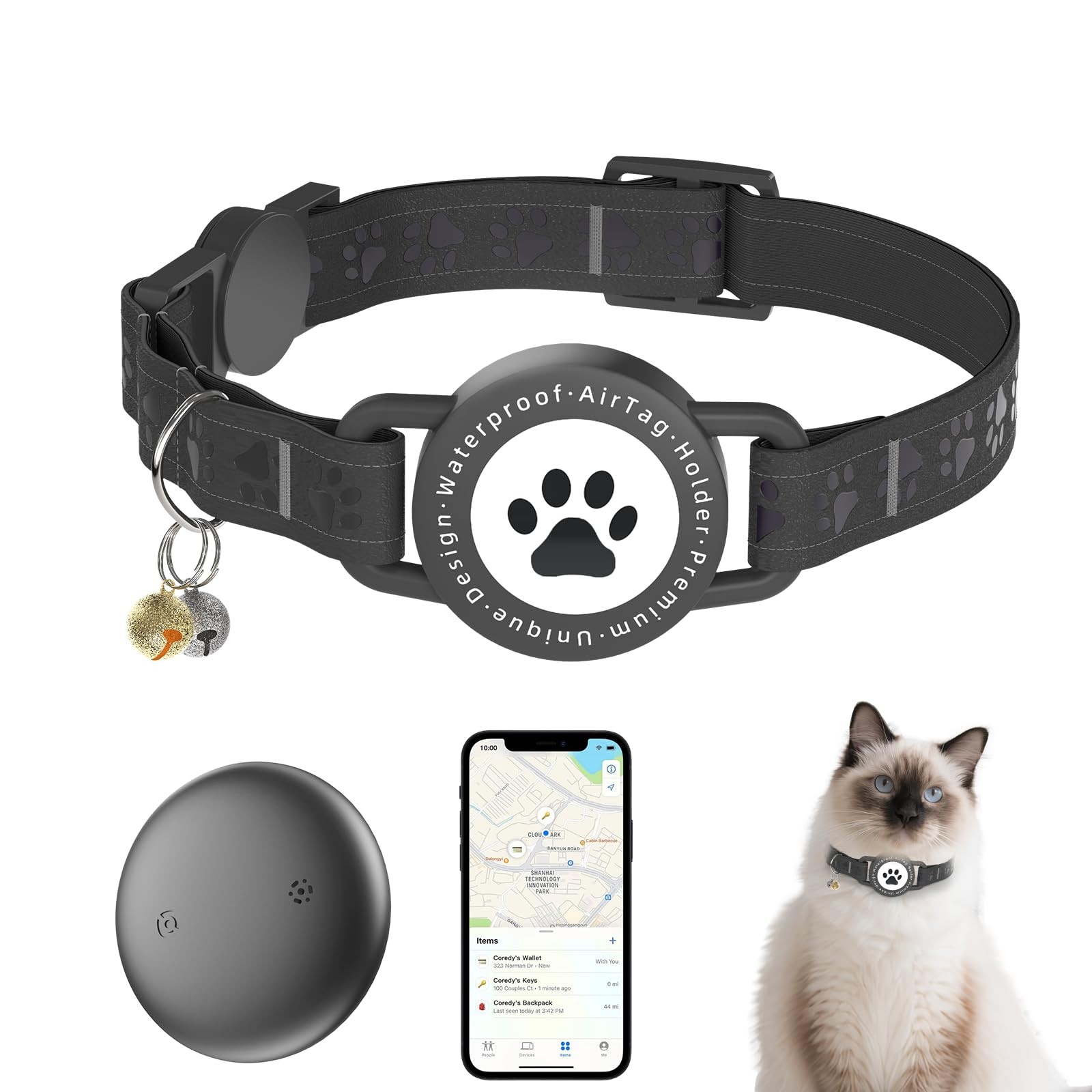 GPS Tracker for Cats, Waterproof GPS Cat Trackers Cats Collar with Bells, No ...