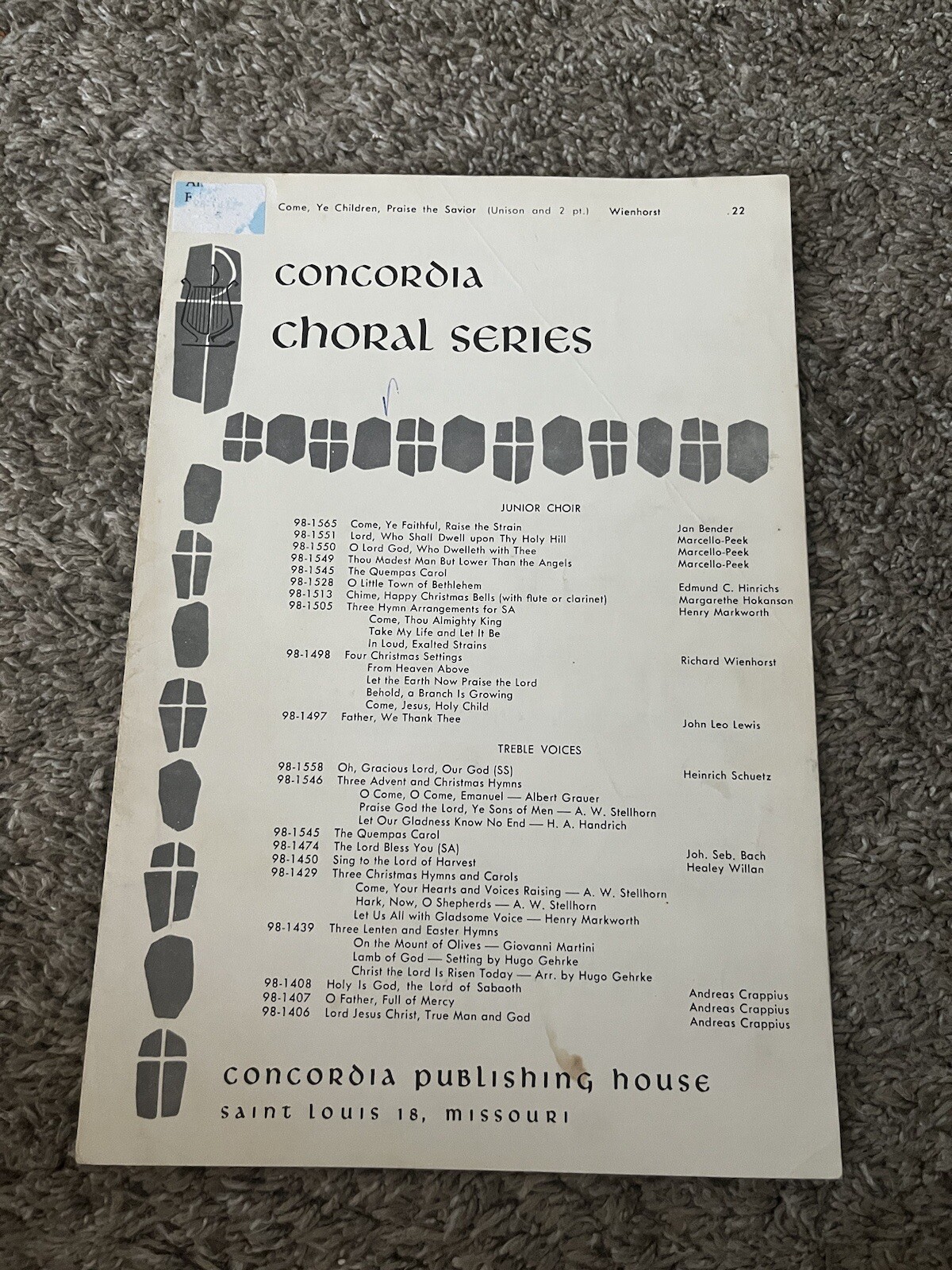 Concordia Choral Series Vintage Sheet Music Come Ye Children Praise Savior 1958