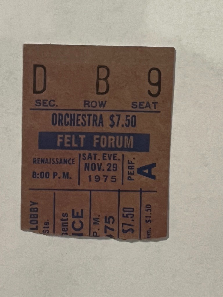 RENAISSANCE FELT FORUM Ticket Stub November 29 1975