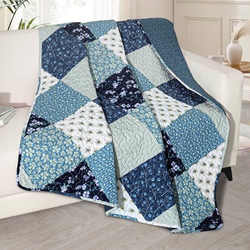  50"x 60" Quilted Throw Blanket- Microfiber Quilt Throw Bohemian Patchwork Blue