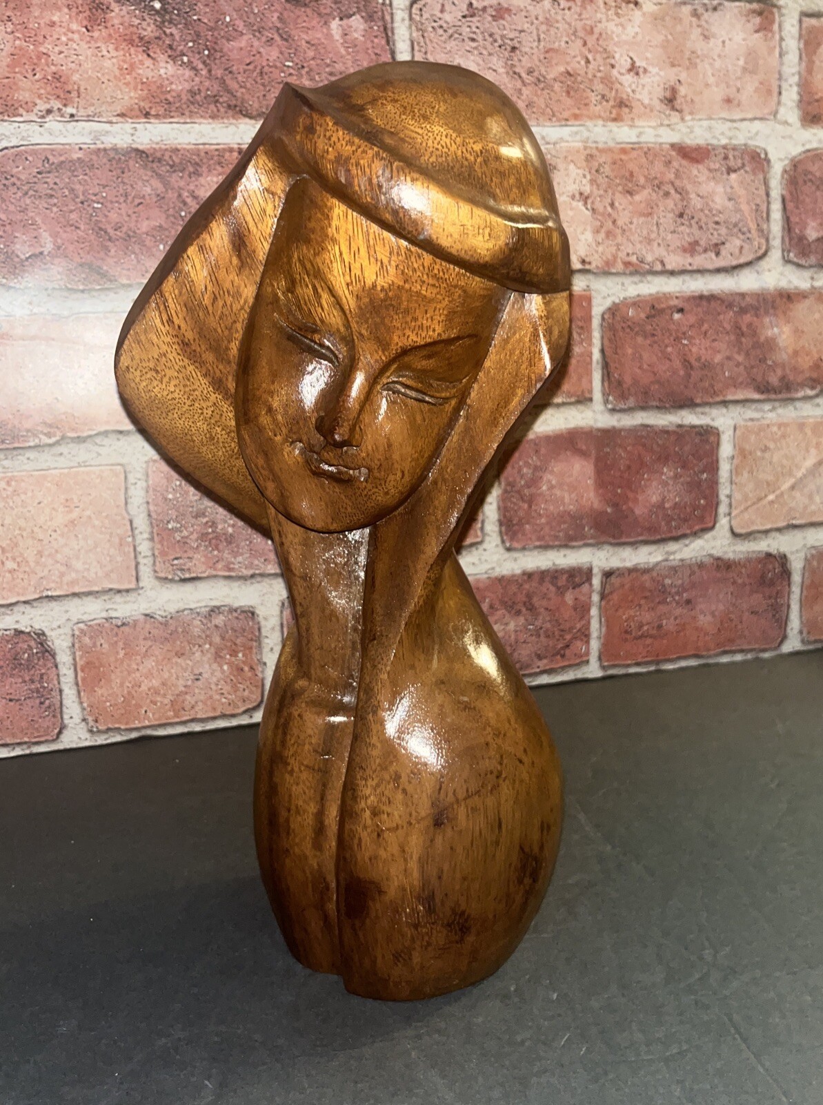 Mid-Century Art Deco Carved Teak Wood Women Bust Sculpture 10" Wooden