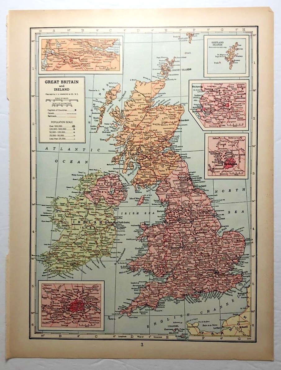 1947 Antique GREAT BRITIAN & IRELAND Atlas Map - Hammond's Library World Atlas