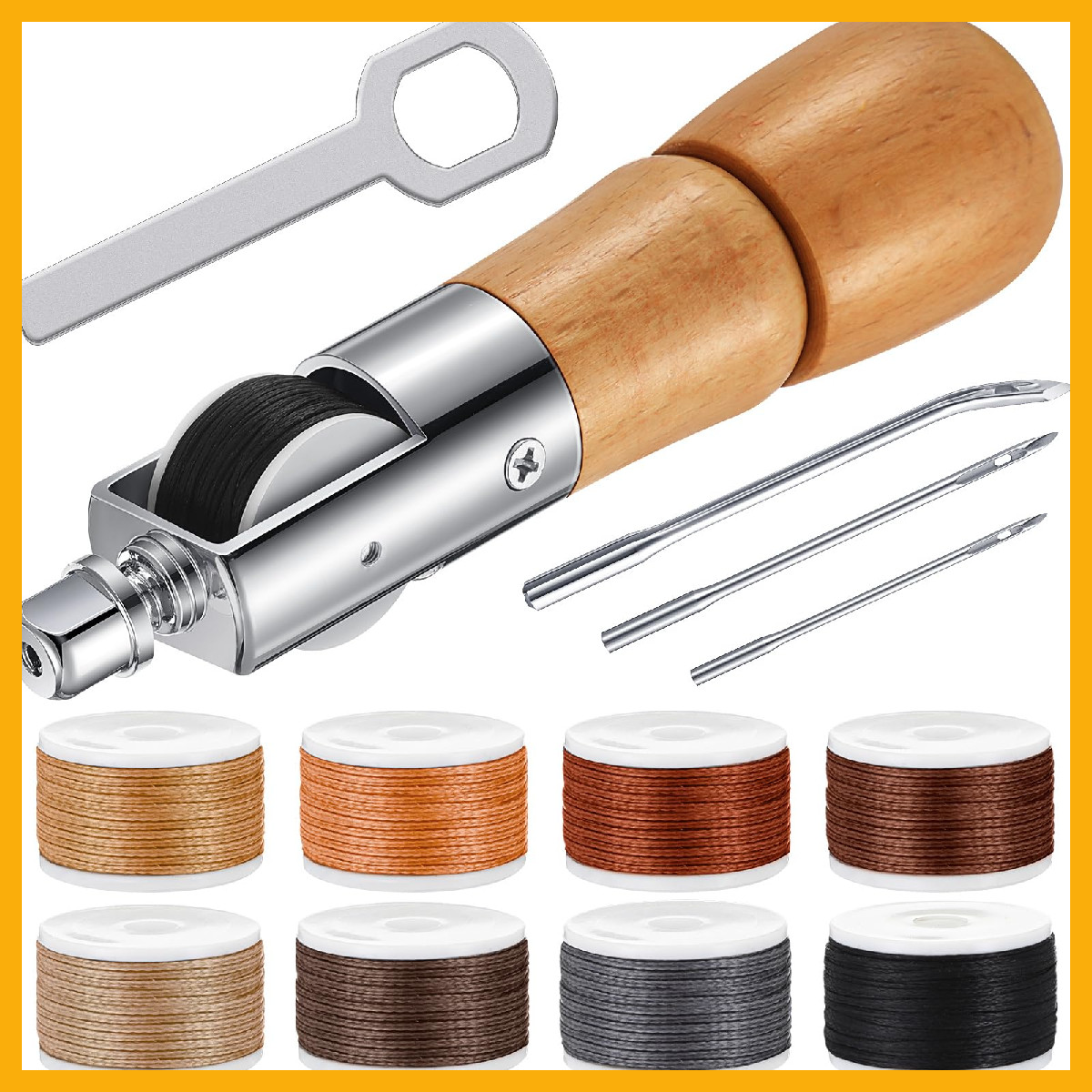 WILLBOND 12pcs Leather Sewing Awl Hand Stitcher Kit w/ Needles, Waxed Thread