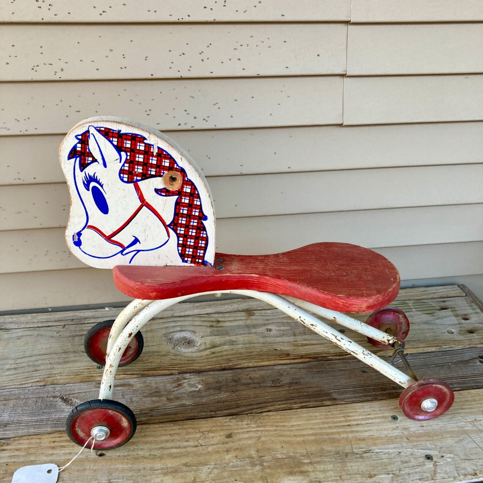Vintage Horse Ride-On Rolling Toy Wood Wooden w/ Wheels