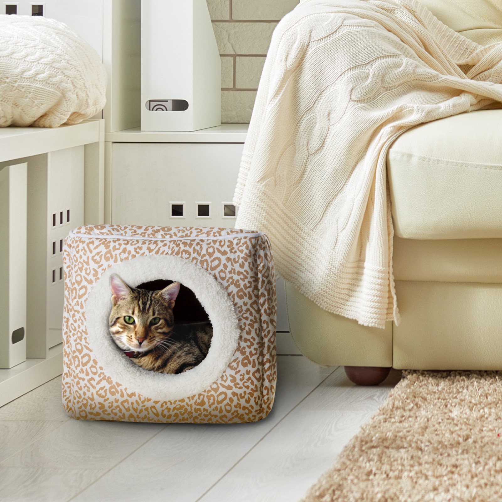 Square Cat Cave Pet Bed Tan Animal Print Hide Out for Cats Kittens