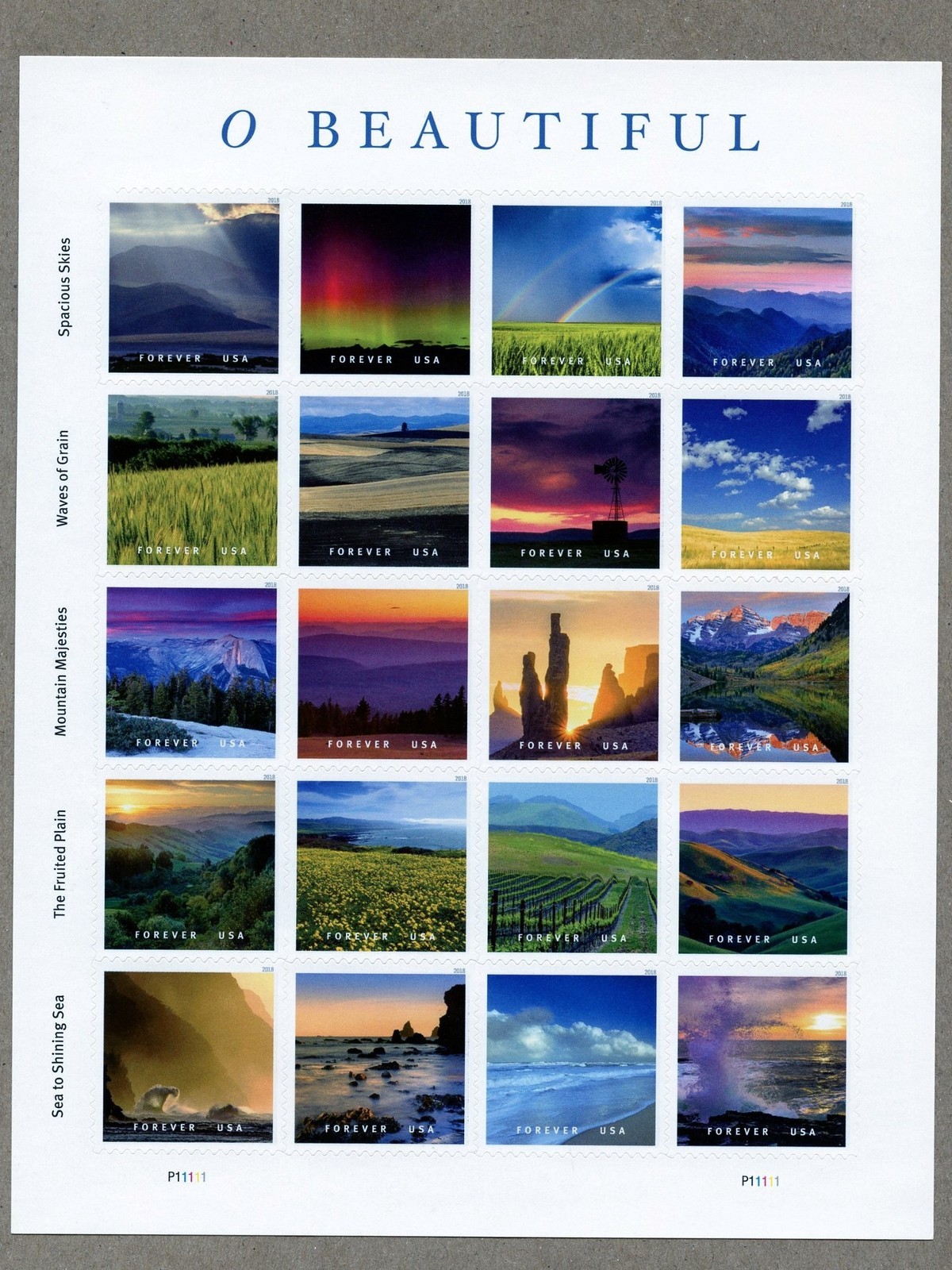 US  2018  MNH # 5298 A-T  O BEAUTIFUL  PANE OF 20  FOREVER STAMPS