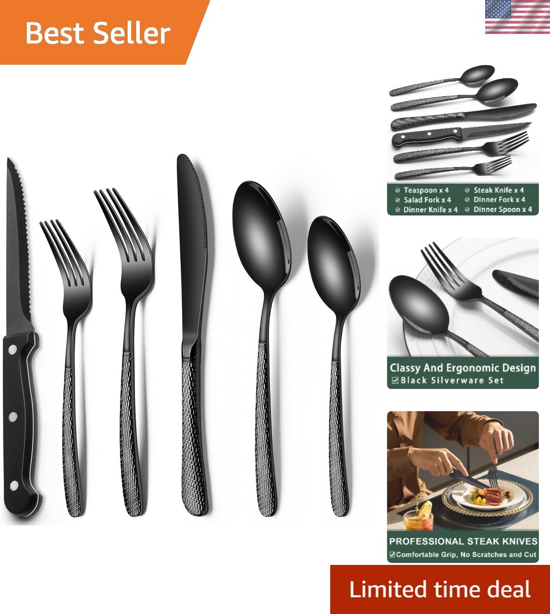 Black Hammered Silverware Set with Steak Knives, 24-Piece Stainless Steel Hea...