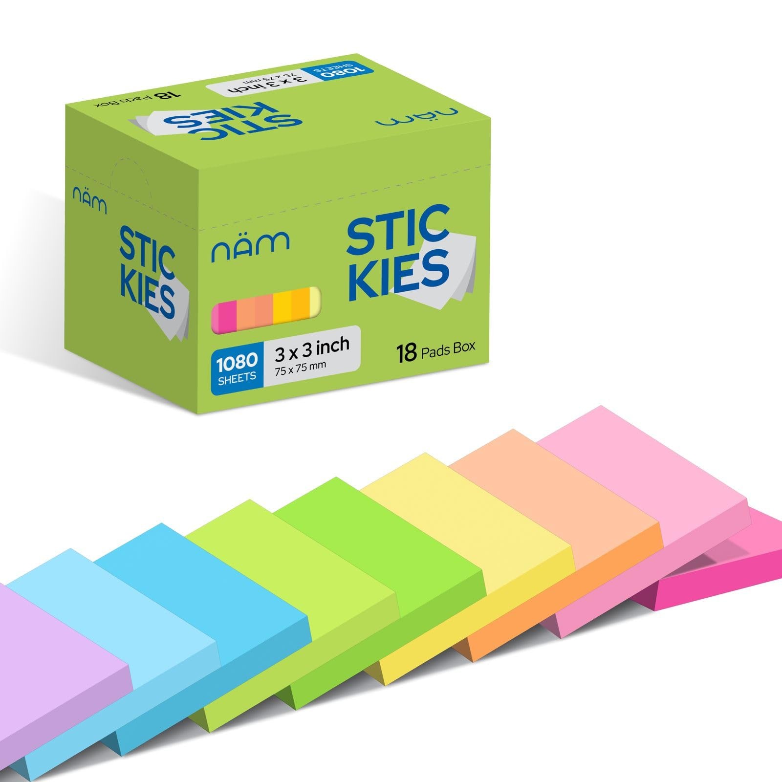 NAM Sticky Notes 3x3 Inch, Self-Stick Note Pads, 3 x 3 Inches, Multi-color 