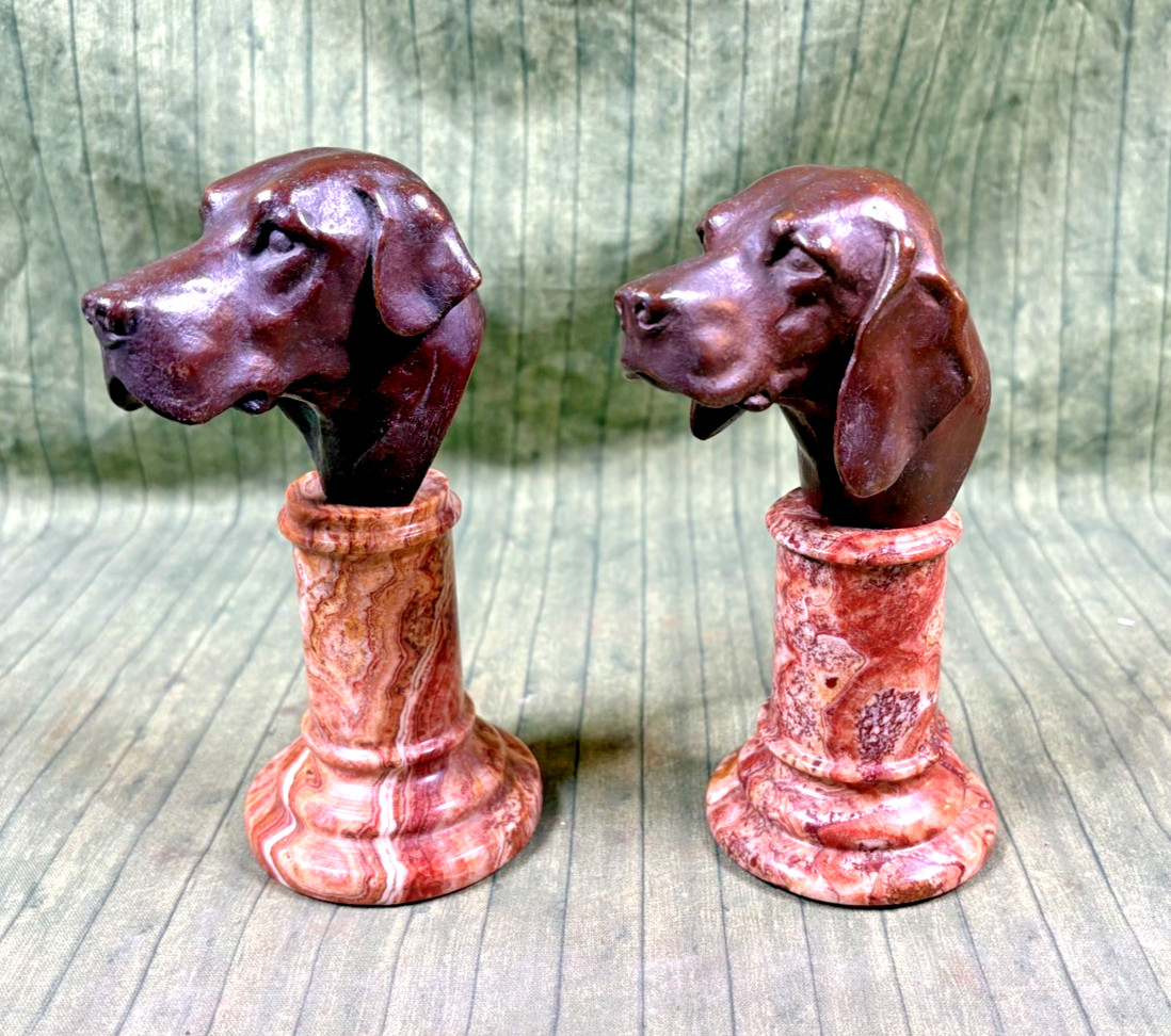 Vintage Pair of Bronze Hound Dog Heads on Marble Bases - Signed!
