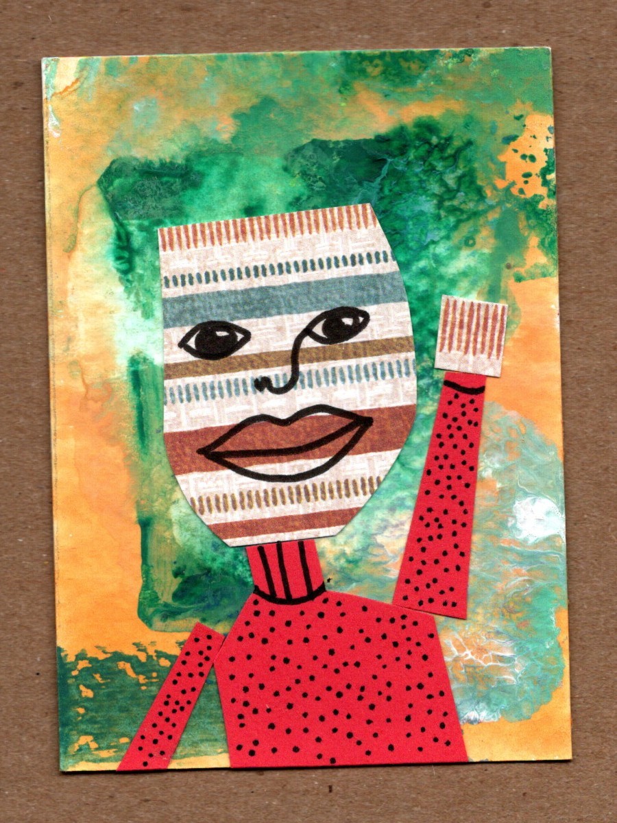 ACEO Original Waving Shape Man Folk Art Collage Mixed Media OOAK