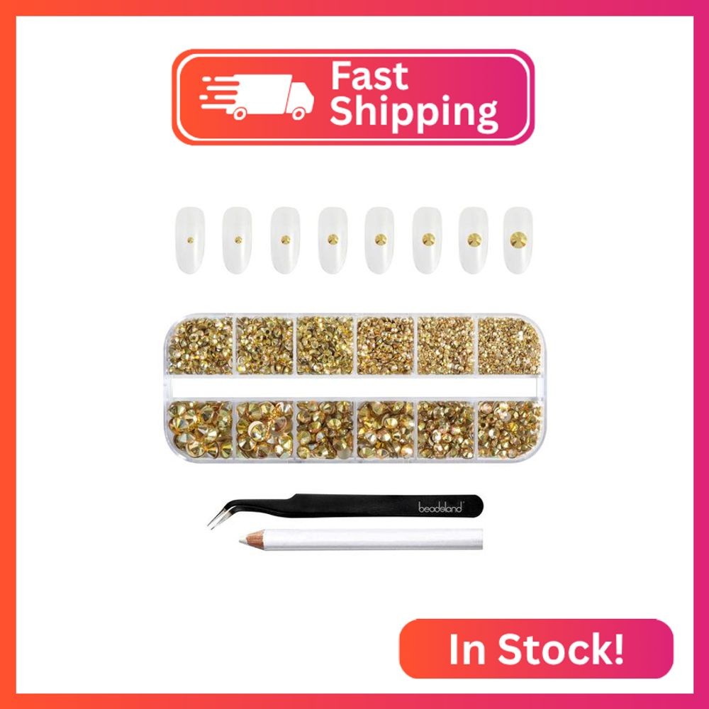 Beadsland Rhinestones for Makeup,8 Sizes 2500pcs Gold Flatback Rhinestones Face 