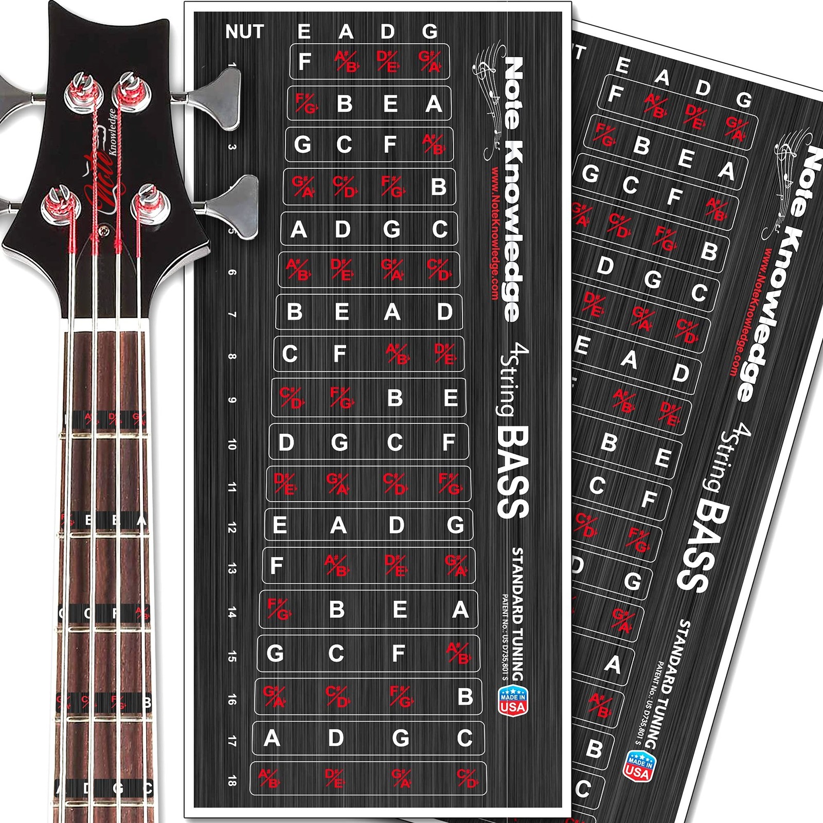 Bass Guitar Fretboard Note Map Decals/Stickers 2-Pack for Learning and Practi...