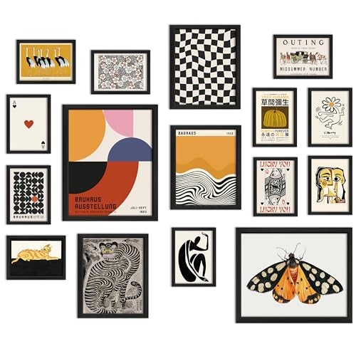 ANERZA 16 PCS Framed Eclectic Wall Art Decor, Modern 12"x15" Framed Orange