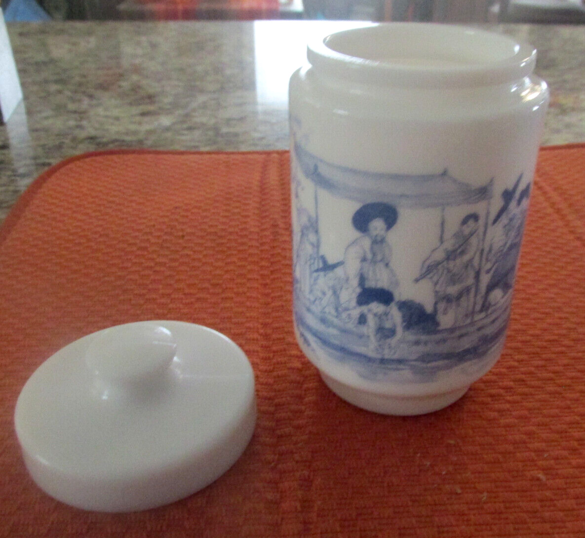 BELGIUM MILK GLASS APOTHECARY JAR + LID BLUE ASIAN GARDEN RIVER SCENE