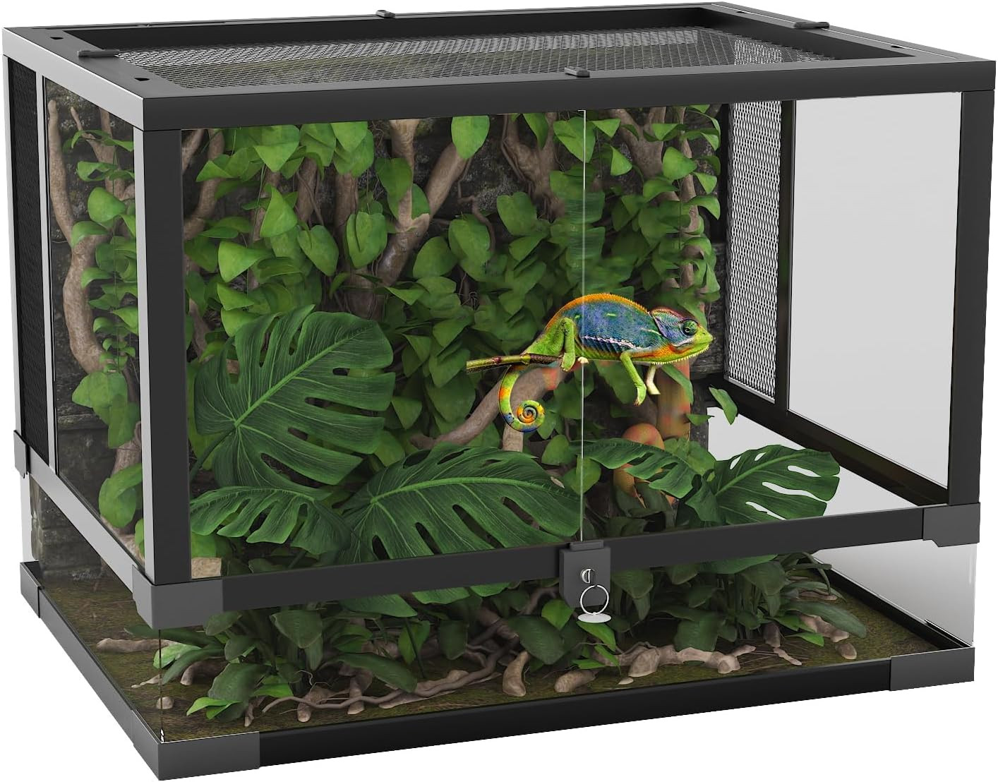 24"X18"X18" Reptile Terrarium, Front Opening Reptile Glass Tank with Mesh Top & 