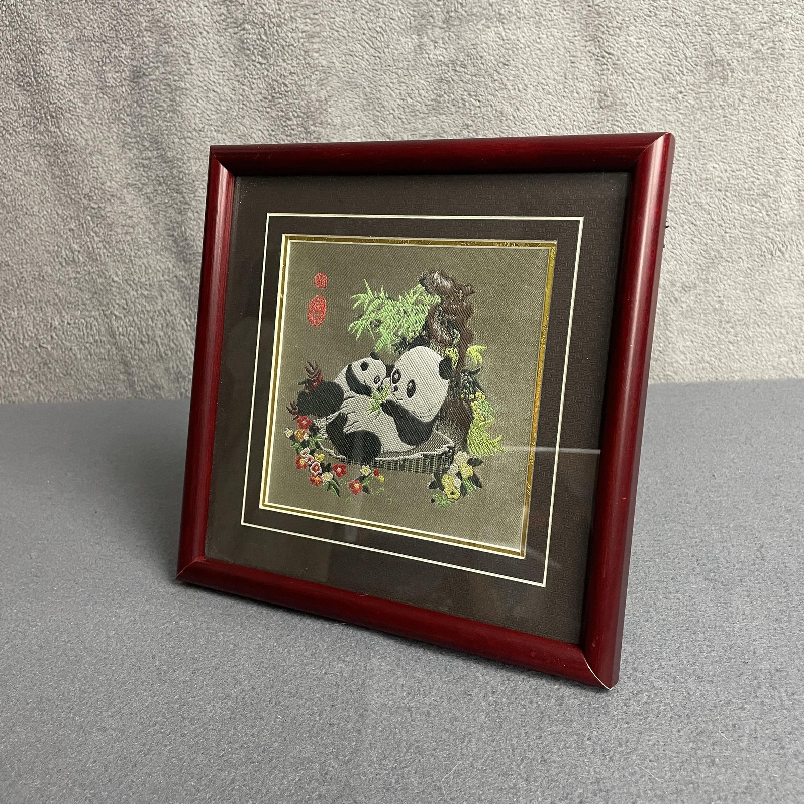 Chinese Silk Embroidery Panda Bears Framed Tapestry 9x9 Red Frame Art Animals