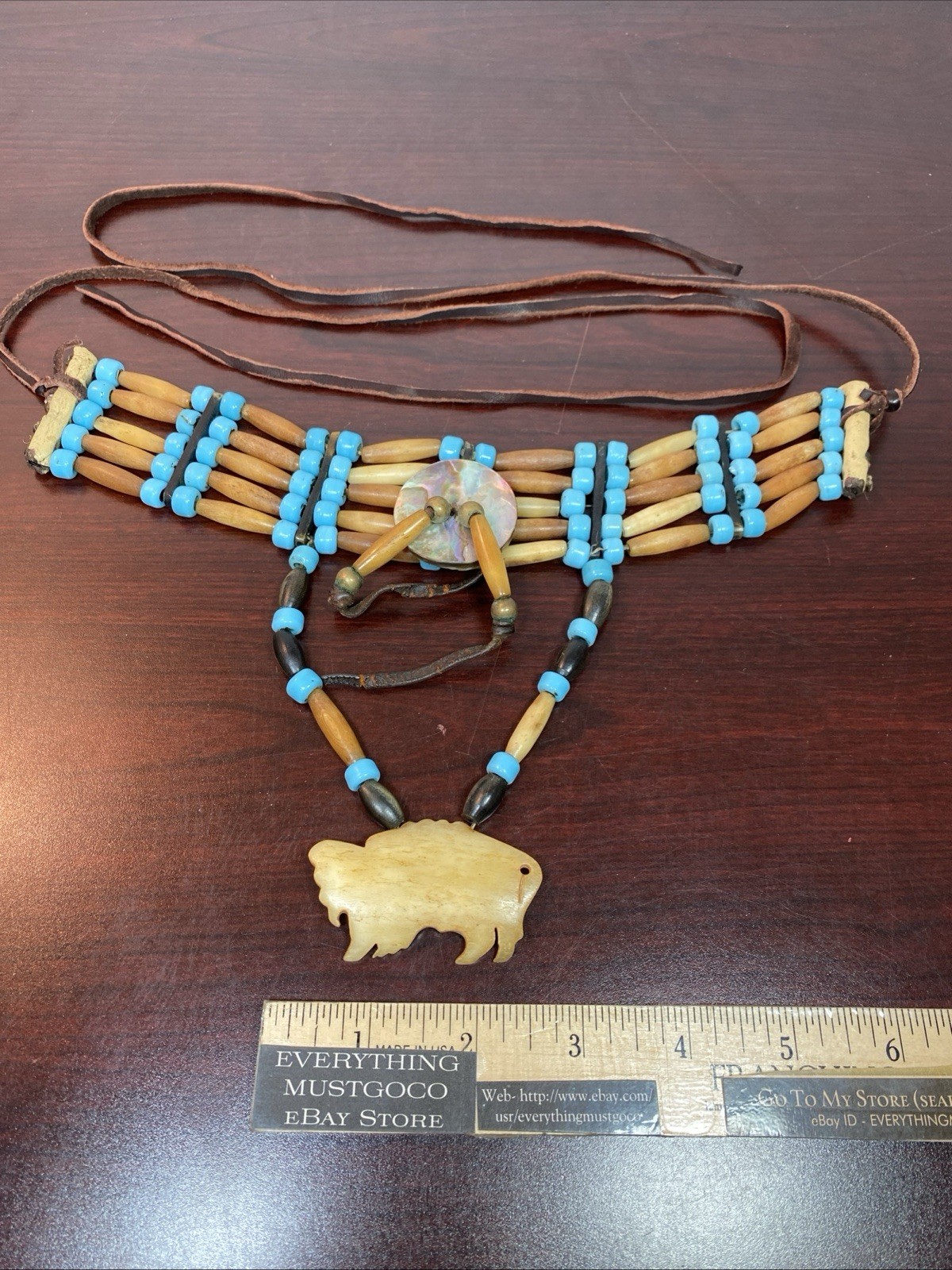 Vtg Native American Choker Abalone Brass Horn Turquoise Glass Beads Southwestern