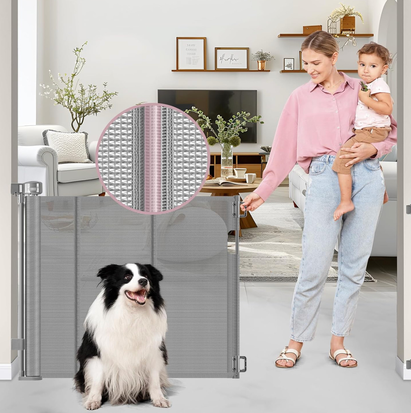 Retractable Baby, Pets Gates for Stairs with Reinforced Strip. 33” x 56”. Gray