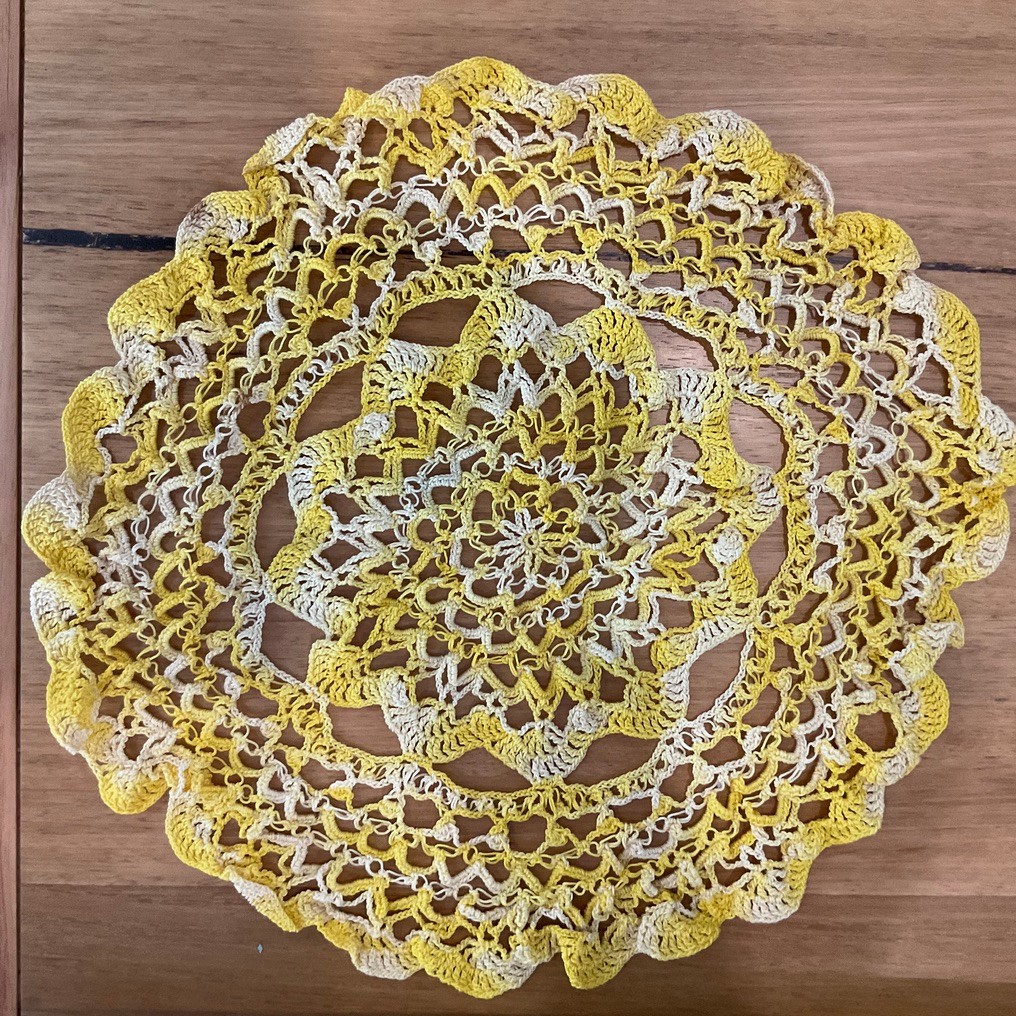 Large  Vintage Handmade  crocheted Doily  yellow and white 11 inch diameter