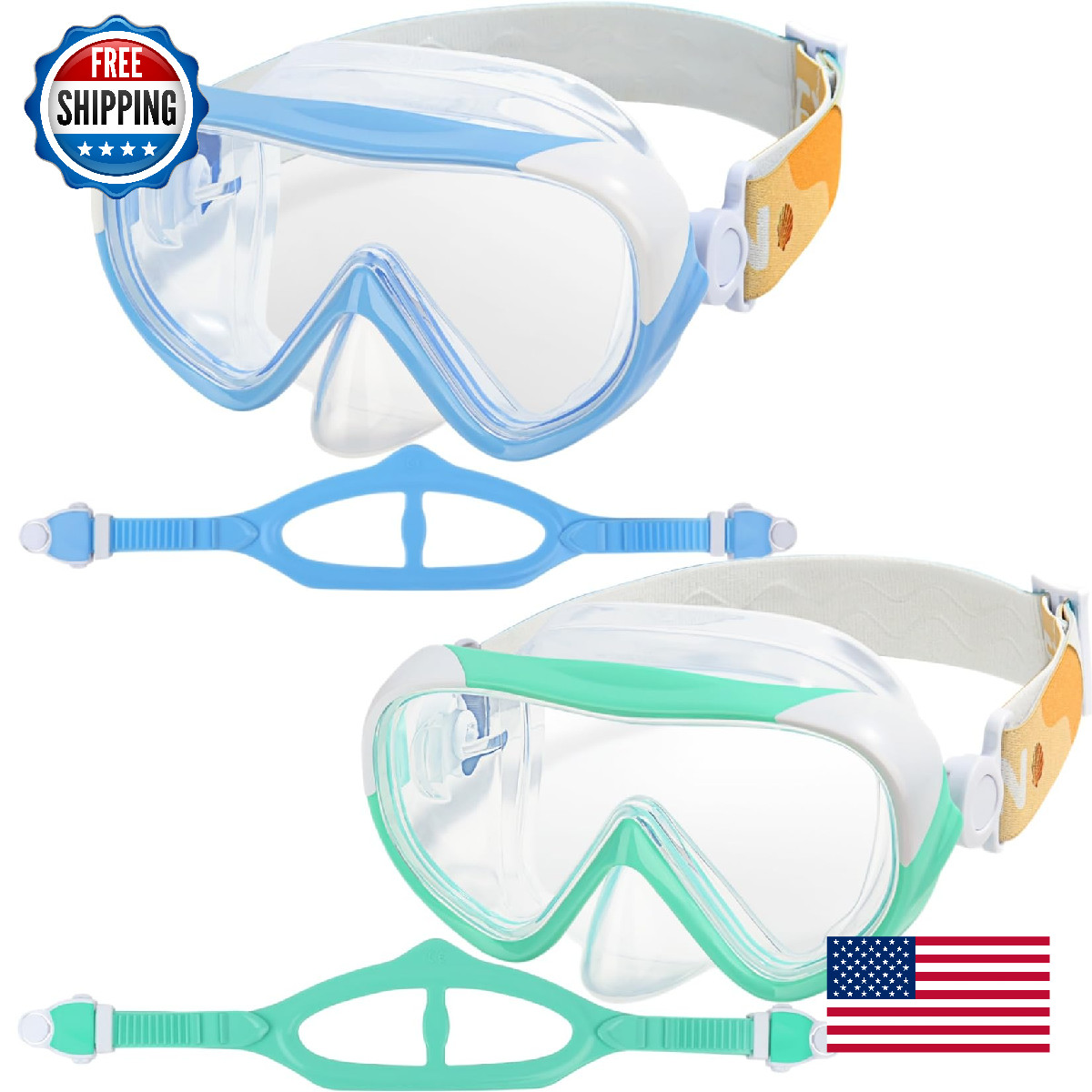 Kids Swim Goggles Anti-Fog Child Diving Mask w/ Nose Cover & Fabric Strap 180° V
