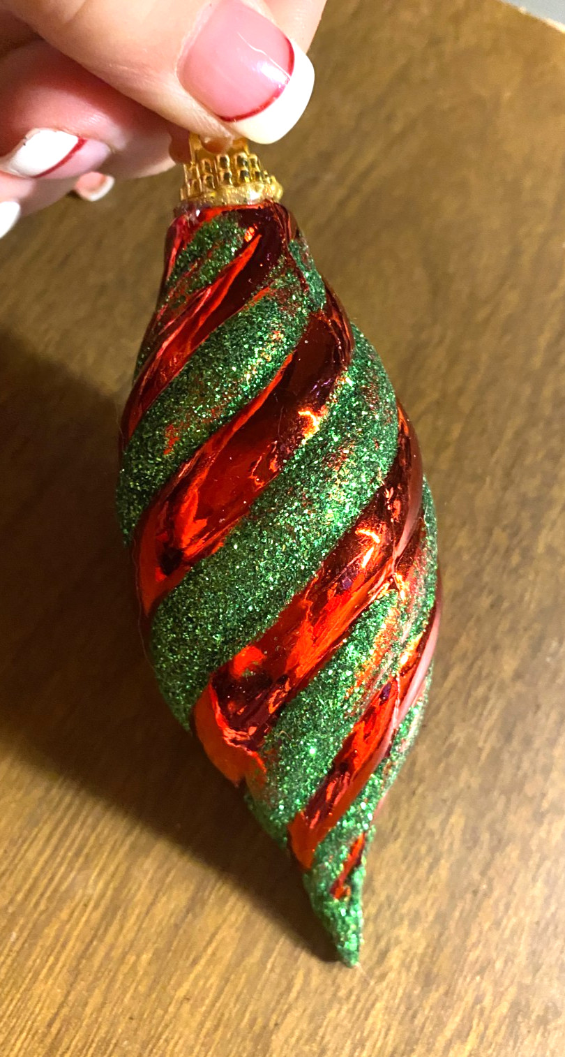Vintage Shatterproof Glitter Red Green Teardrop Christmas Ornament 4.5"