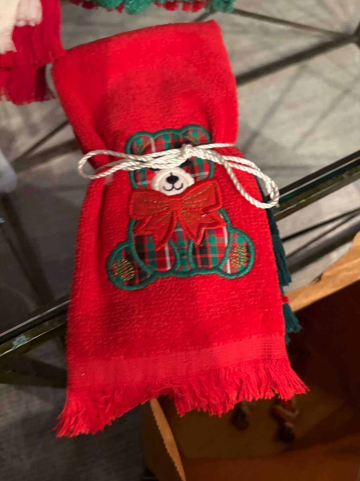 Vintage Royal Terry 2 Red Green Holiday Hand Dish Towels Christmas Bear Santa