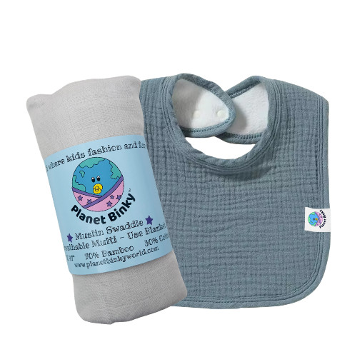 Muslin Cotton Drool Bib and Muslin Swaddle Set Teal and Ecru