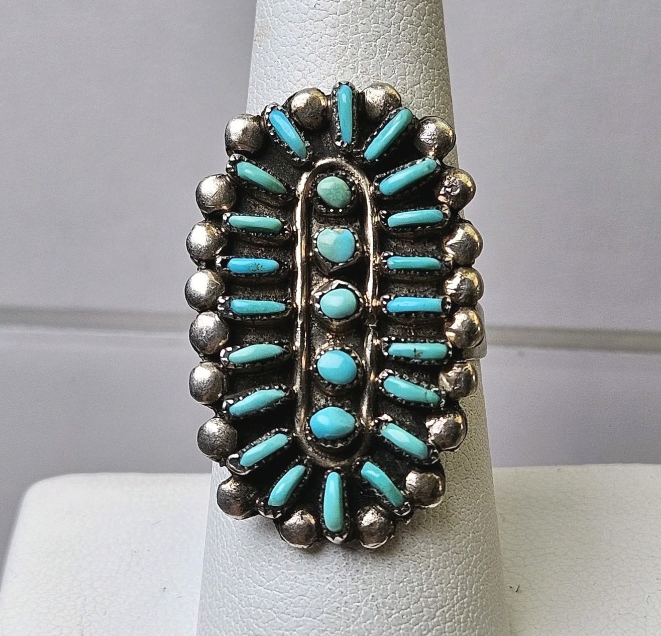 Large Vintage Sterling Silver Petite / Needle Point Turquoise Cluster Ring Zuni