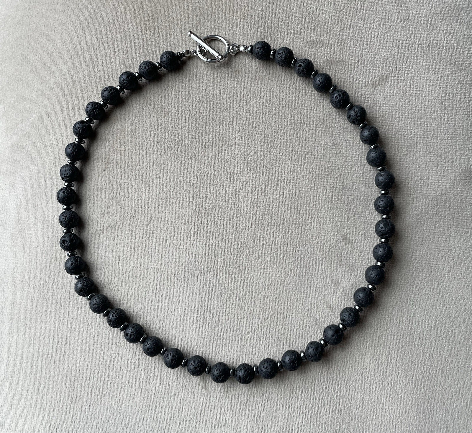 BLACK LAVA STONE & HEMATITE Beads Unisex Necklace 18.5” Toggle Closure