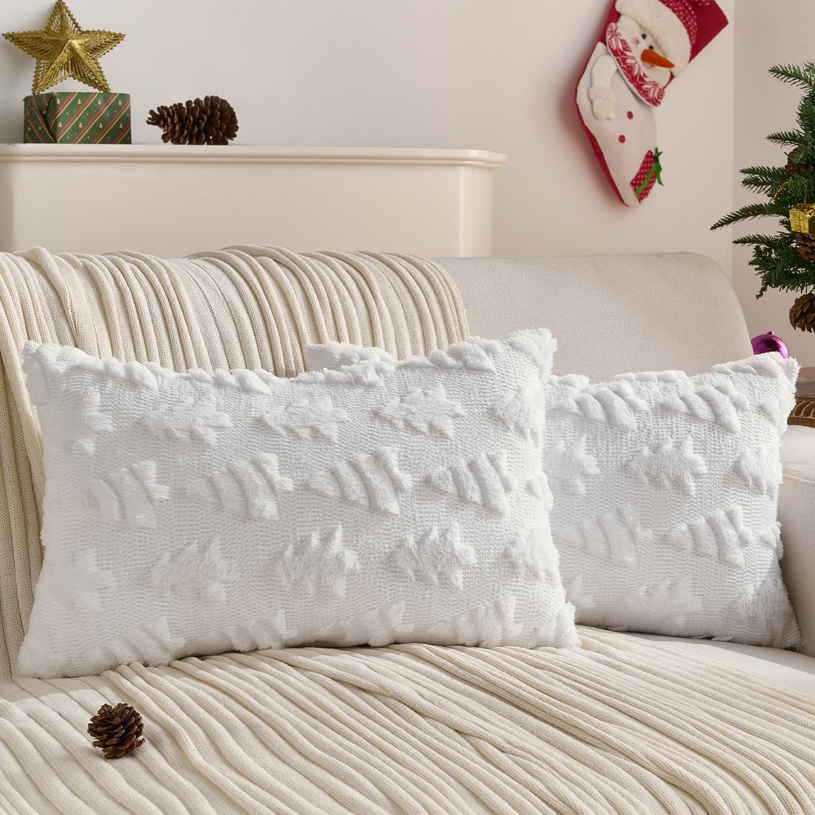 HAUSSY Christmas Throw Pillow Covers 12x20 Set of 2, Decorative Tree Lumbar P...