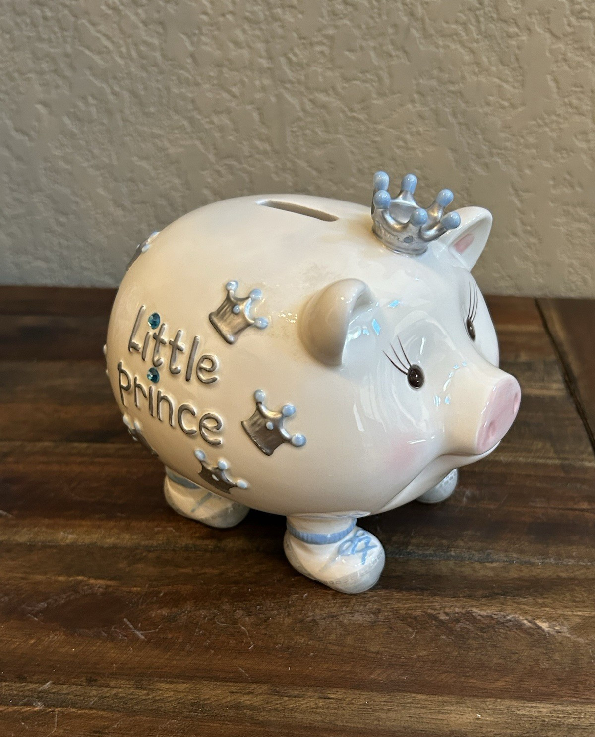 Mud Pie "Little Prince" Piggy Bank – Crowned Ceramic, Blue & White, 5.5"